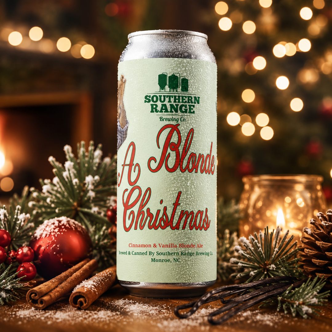 A Blonde Christmas cinnamon vanilla ale can by a cozy holiday fireplace