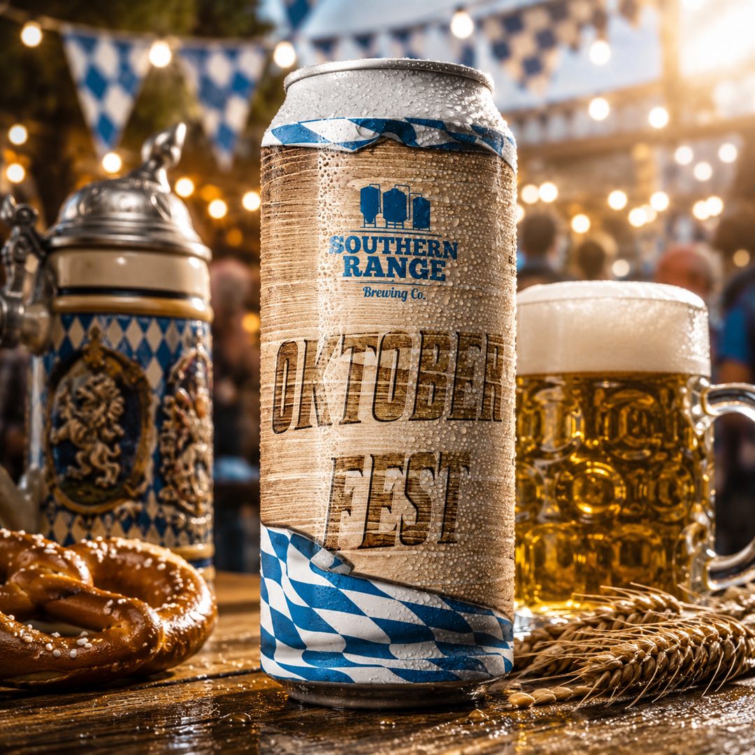 Oktoberfest MΓ€rzen lager can with a pretzel and beer stein