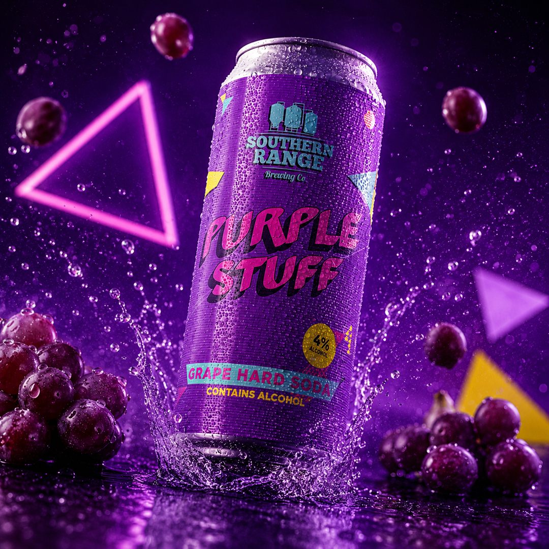 Purple Stuff grape hard soda can with grapes and neon lights