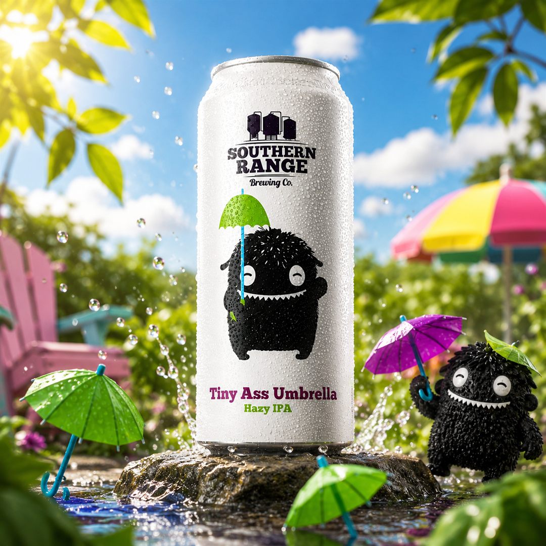 Tiny Ass Umbrella award-winning hazy IPA can with the umbrella monster mascot